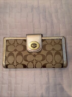 Coach Tan Signature Canvas Wallet with Metallic Gold Trim